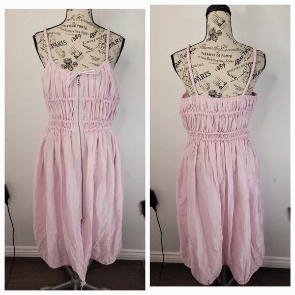 UGG Midi Dress Sz XS Font Zip Mumu Semi Sheer Smocked Pink Fairy Sample - Picture 1 of 15